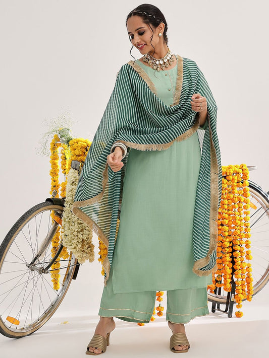 Dhiyona VA Women'sGreen Gotta Patti Detail Straight Kurta & Palazzos With Dupatta