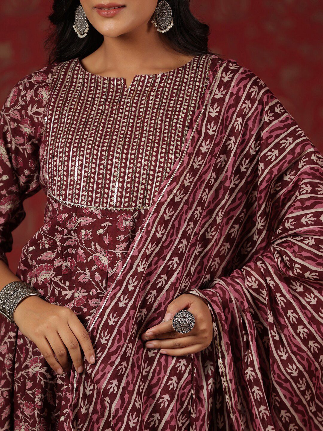 Dhiyona IS Women's Floral Printed Sequinned Pure Cotton Anarkali Kurta With Trousers & Dupatta