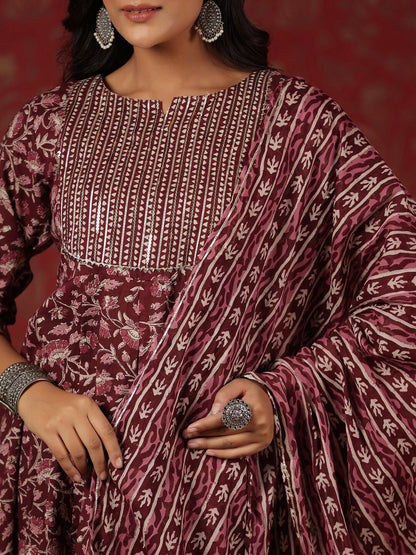 Dhiyona IS Women's Floral Printed Sequinned Pure Cotton Anarkali Kurta With Trousers & Dupatta