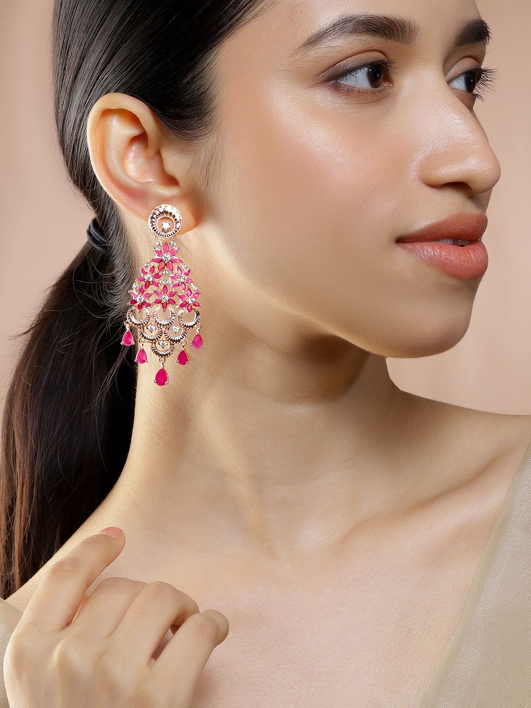 Dhiyona RJ Women's 18K Rose Gold-Plated Cubic Zirconia Studded Floral Shaped Drop Earrings