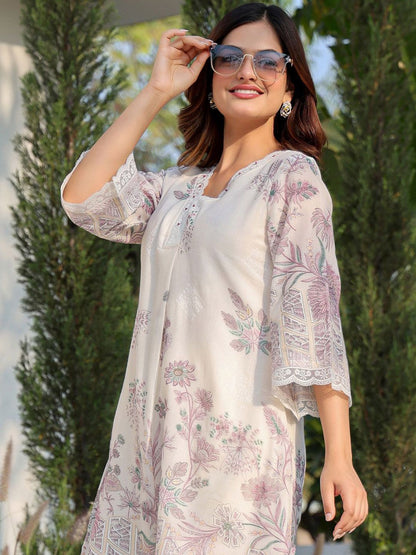 Floral Printed V Neck A Line Pure Cotton Kurta With Trousers