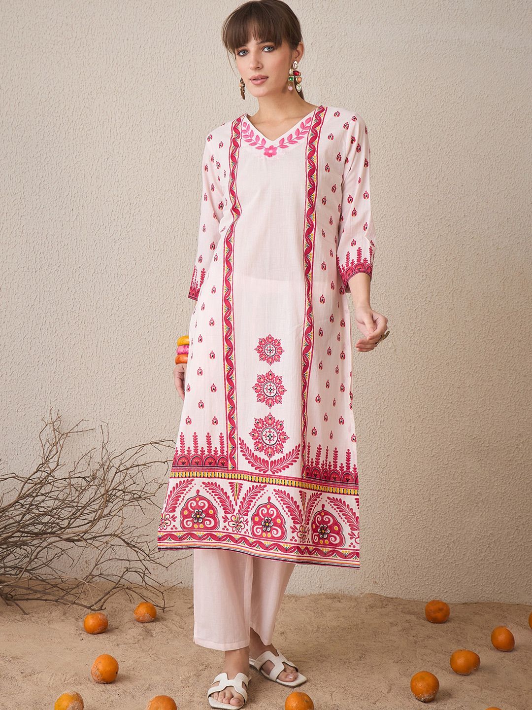 Dhiyona IE Floral Printed V-Neck Pure Cotton Straight Kurta With Trousers & Dupatta