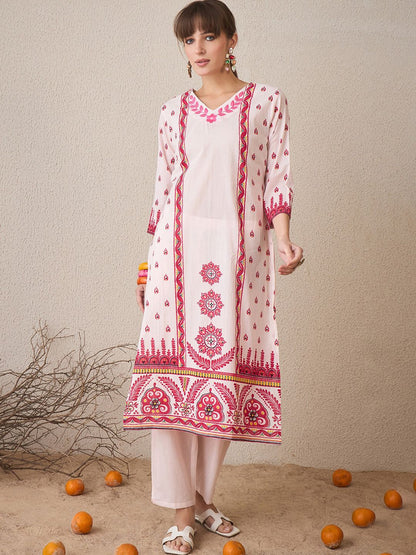 Dhiyona IE Floral Printed V-Neck Pure Cotton Straight Kurta With Trousers & Dupatta