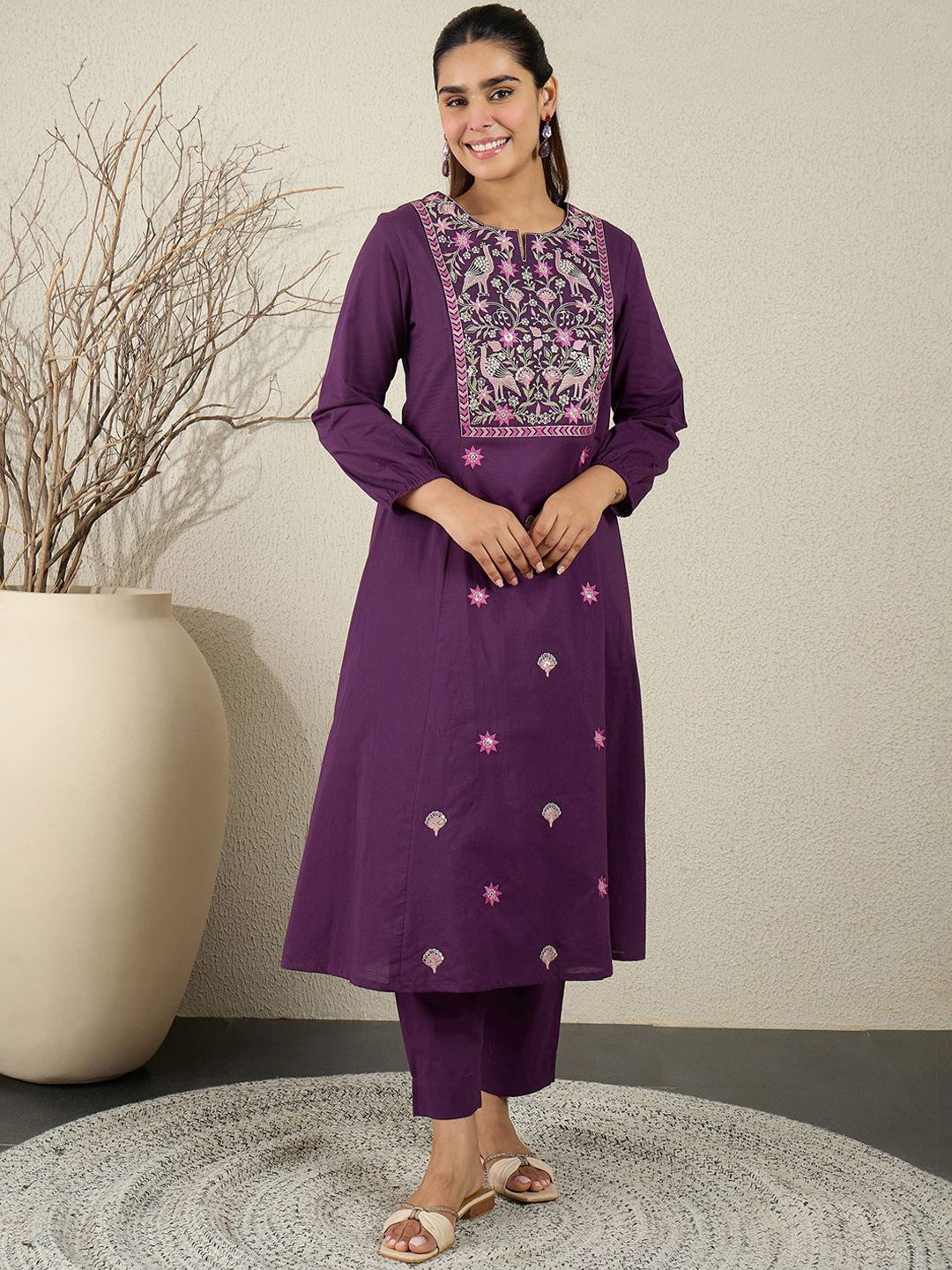 Floral Embroidered Sequinned Pure Cotton Kurta With Trousers