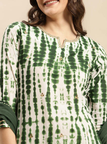 Dhiyona VA Women'sGreen Shibori Printed Sequinned Pure Cotton Kurta With Trousers & Dupatta