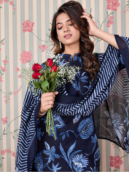 Dhiyona OD  Floral Printed Regular Pure Cotton Kurta with Trousers & Dupatta
