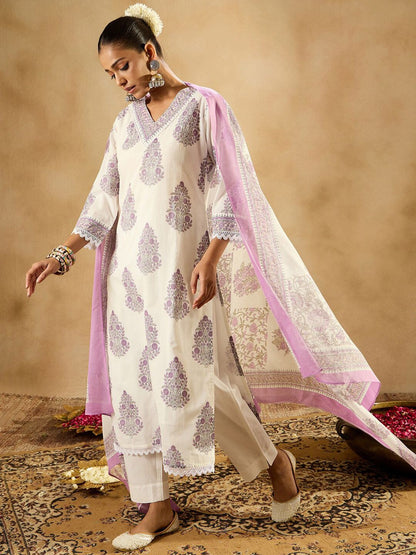 Floral Printed Regular Sequinned Pure Cotton Kurta with Trousers & Dupatta