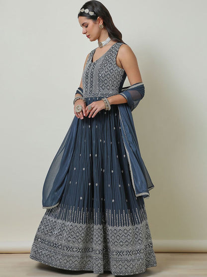 Dhiyona SO Women's Grey Floral Embroidered Sequinned Georgette Anarkali Kurta With Churidar & Dupatta