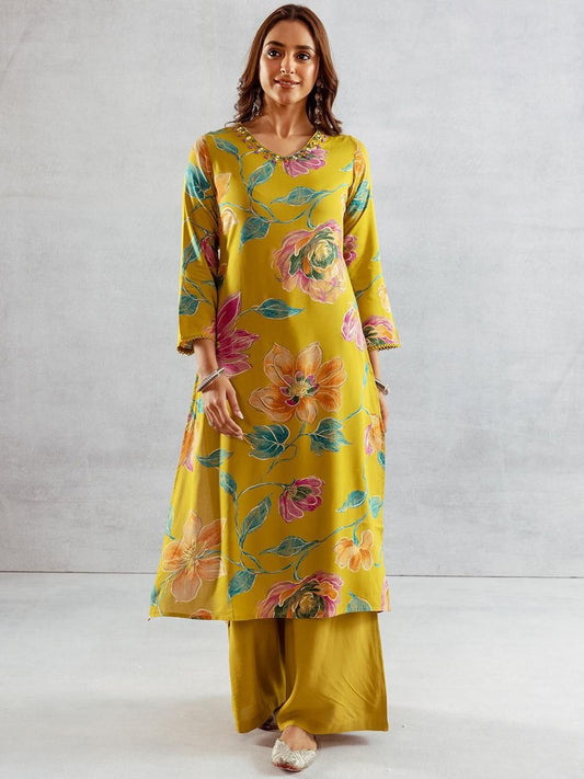 Dhiyona IS Women's Floral Printed V-Neck Kurta With Palazzo
