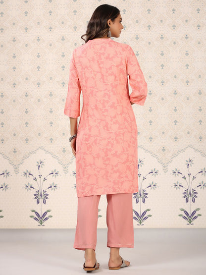 Dhiyona OD  Coral & White Floral Printed Mandarin Collar Kurta With Palazzos
