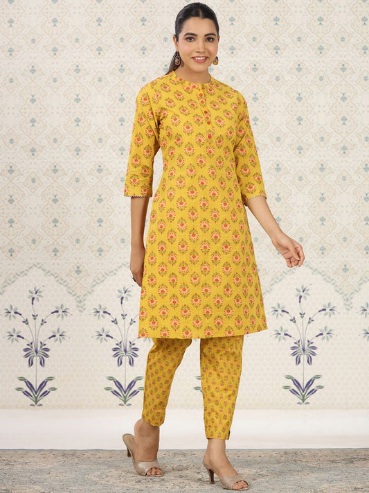 Dhiyona OD  Ethnic Motifs Printed Band Collar Pure Cotton Kurta with Trousers