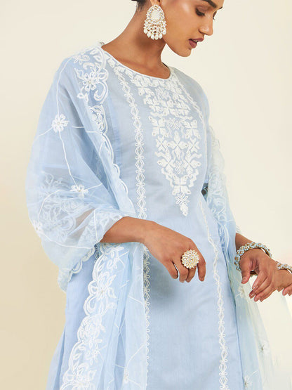 Dhiyona SO Women's Blue & White Floral Embroidered Chanderi Silk Kurta With Trousers & Dupatta