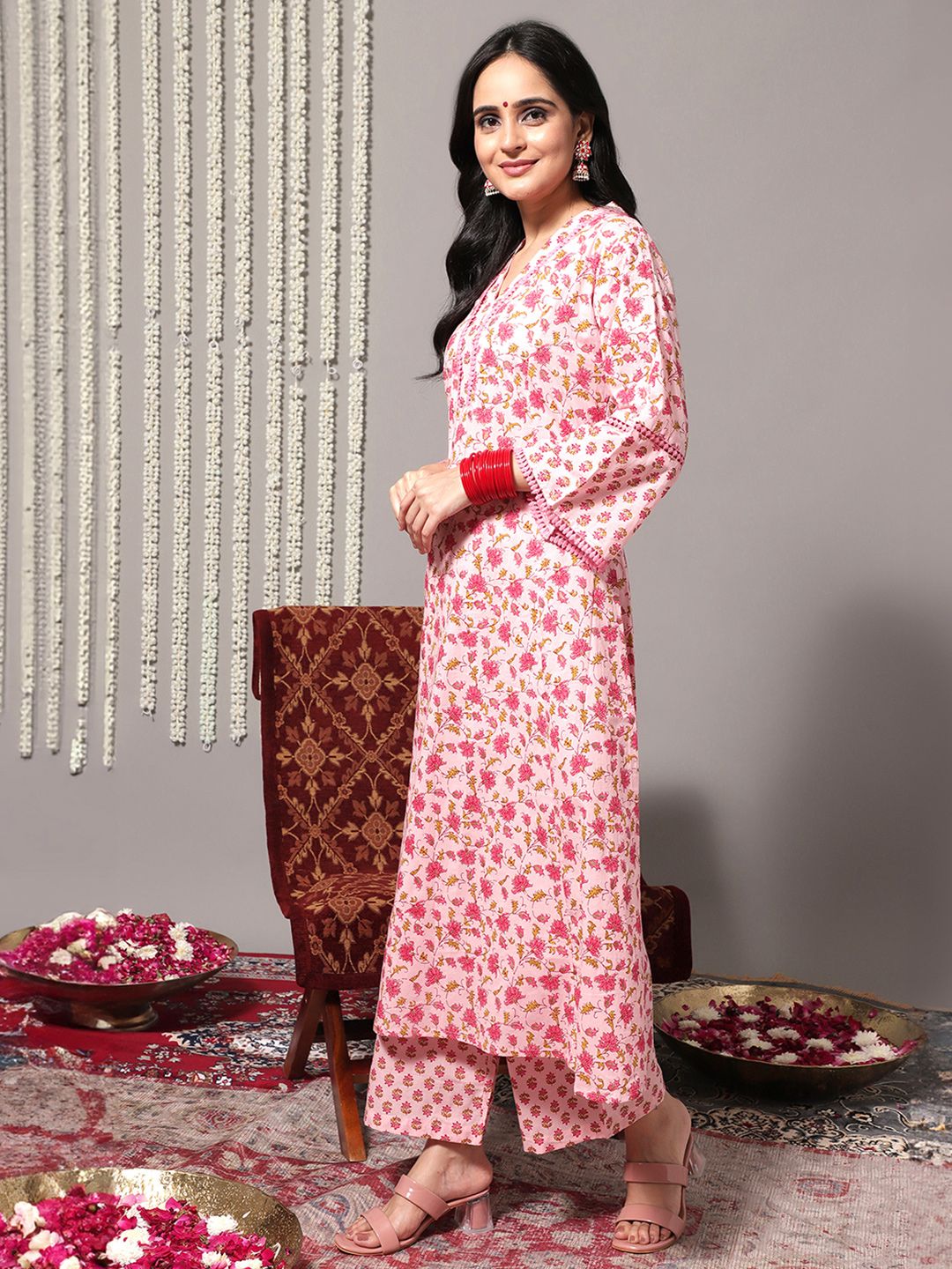 Dhiyona VA Women'sFloral Printed Pure Cotton A-Line Kurta With Trousers & Dupatta