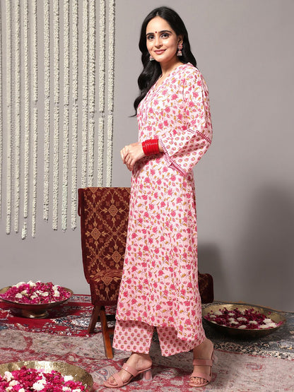 Dhiyona VA Women'sFloral Printed Pure Cotton A-Line Kurta With Trousers & Dupatta