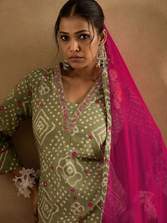Dhiyona IE Bandhani Printed Pure Cotton Kurta With Trousers & Dupatta