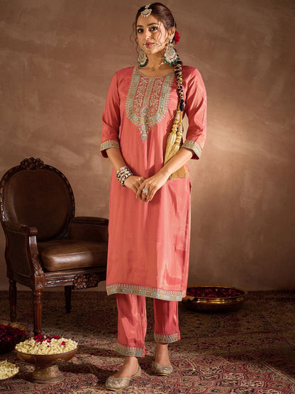 Floral Yoke Design Thread Work Straight Kurta With Trousers & Dupatta