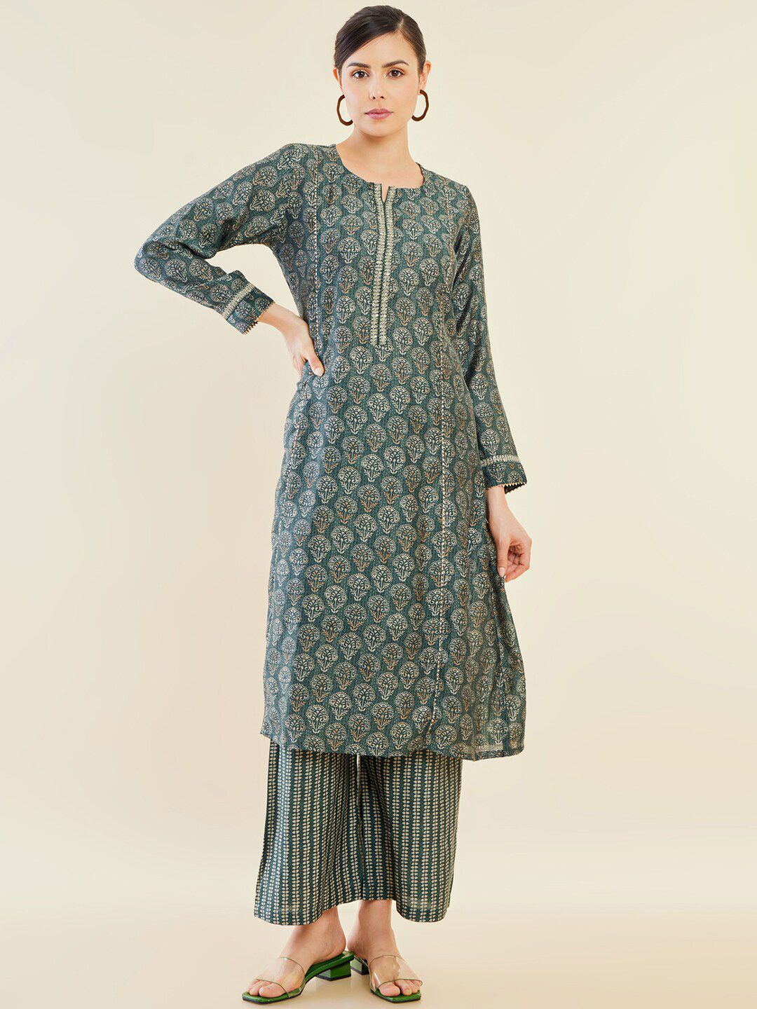 Dhiyona SO Women's Green Ethnic Motifs Printed A-Line Gotta Patti A-Line Kurta With Palazzos