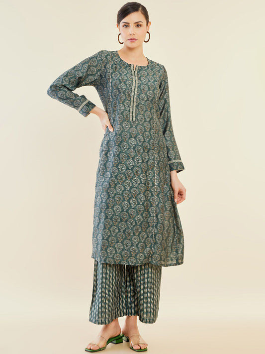 Dhiyona SO Women's Green Ethnic Motifs Printed A-Line Gotta Patti A-Line Kurta With Palazzos