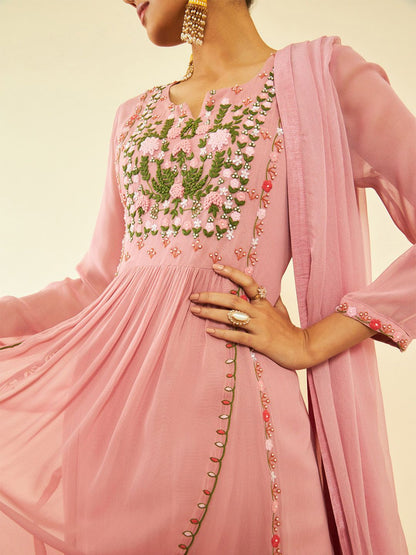 Dhiyona SO Women's Floral Embroidered Beads and Stones Georgette Kurta with Churidar & Dupatta