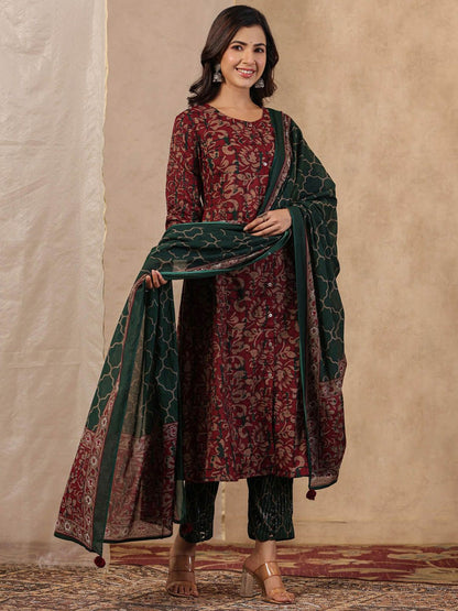 Dhiyona SN Women's Floral Printed Pure Cotton Straight Kurta With Trouser & Dupatta