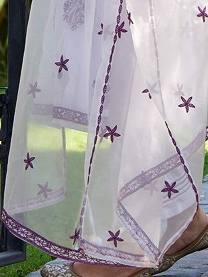 White Ethnic Motifs Embroidered Organza Straight Kurta & Trouser With Dupatta