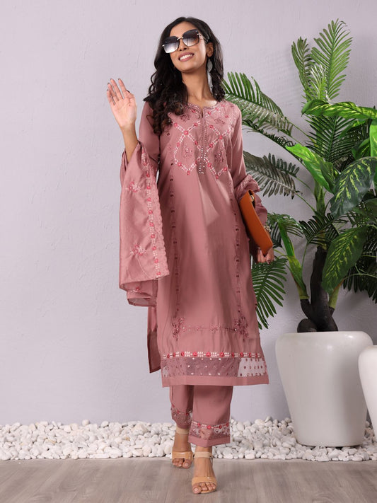 Dhiyona VA Women'sMauve Floral Embroidered Mirror Work Kurta With Trousers & Dupatta