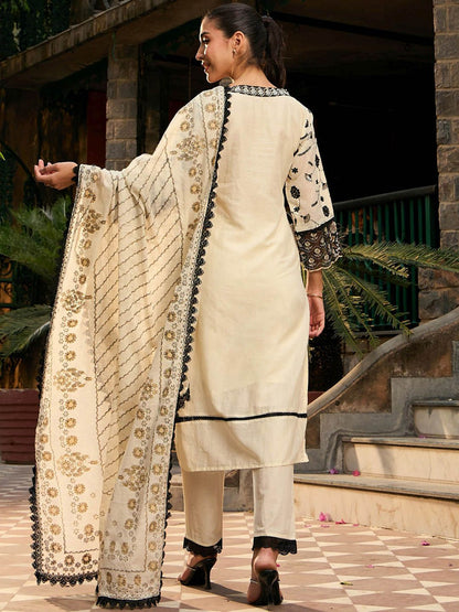 Floral Embroidered Regular Thread Work Pure Cotton Kurta with Trousers & Dupatta