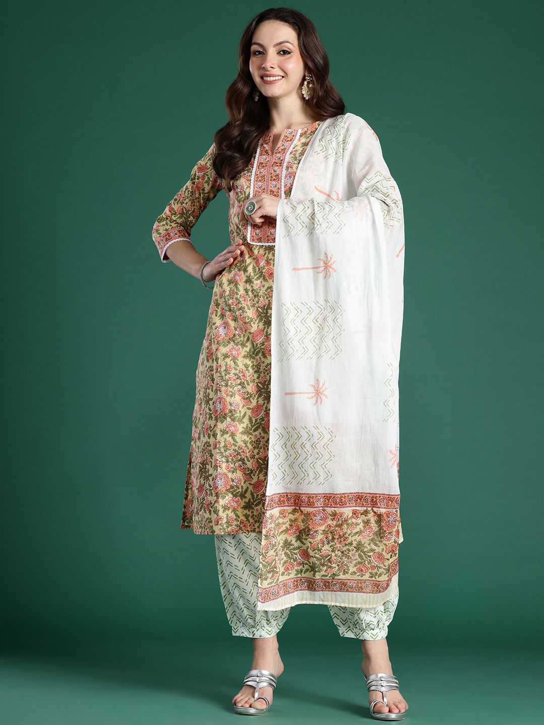 Dhiyona IE Floral Printed Pure Cotton Kurta with Salwar & With Dupatta
