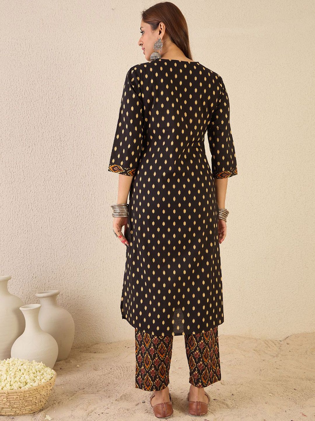 Dhiyona IE Women Printed Pleated Mirror Work Pure Cotton Kurta with Trousers