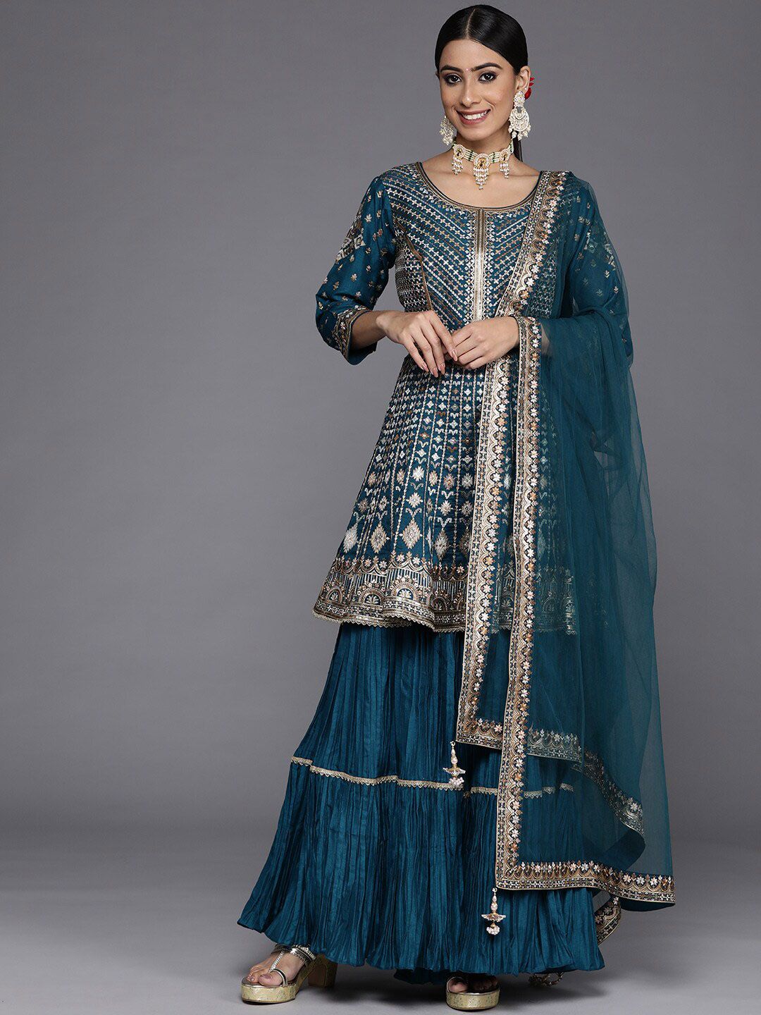 Dhiyona LL Libas Womens Blue Embroidered Silk Anarkali Kurti With Sharara & Dupatta