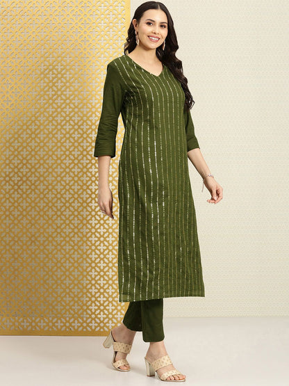 Dhiyona PD Women Women Striped Sequinned Pure Cotton Kurta with Trousers Set