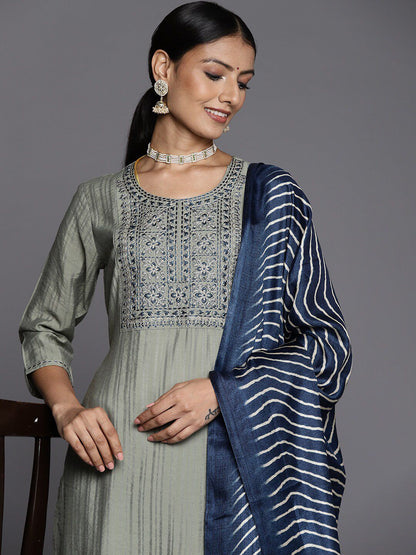 Dhiyona VA Women's Green & Navy Blue Floral Embroidered Kurta with Trousers & Dupatta