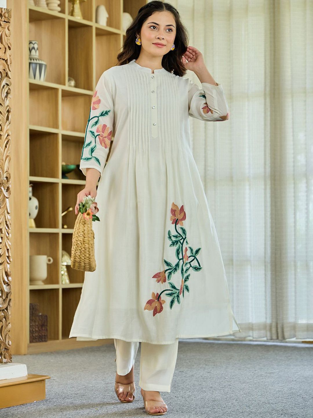 Floral Embroidered Mandarin Collar A Line Pure Cotton Kurta Wwith Trousers