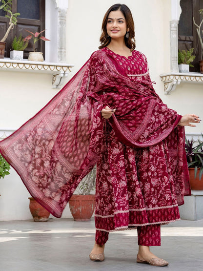 Women Ethnic Motifs Printed Pure Cotton Kurta with Trousers & With Dupatta