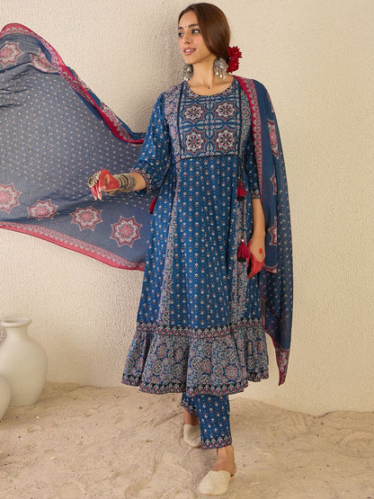 Ethnic Motifs Printed A Line Pure Cotton Kurta With Trousers & Dupatta