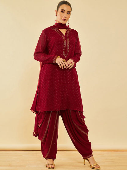 Dhiyona SO Women's Red Ethnic Motifs Yoke Design Beads and Stones Georgette Kurta With Salwar & Dupatta