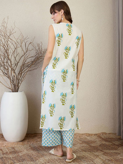 Dhiyona IE Floral Printed Pure Cotton Mandarin Collar Neck Top With Palazzos Co-Ords