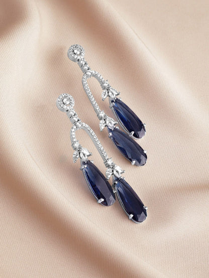 Dhiyona RJ Women's Rhodium Plated Blue Sapphire & Cubic Zirconia Studded Teardrop shaped Drop Earrings