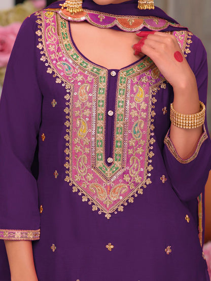 Floral Embroidered Sequinned Chinon Straight Kurta With Palazzos & Dupatta