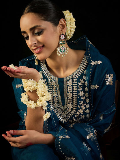 Dhiyona IE Ethnic Motifs Embroidered Gotta Patti Straight Kurta With Trousers & Dupatta