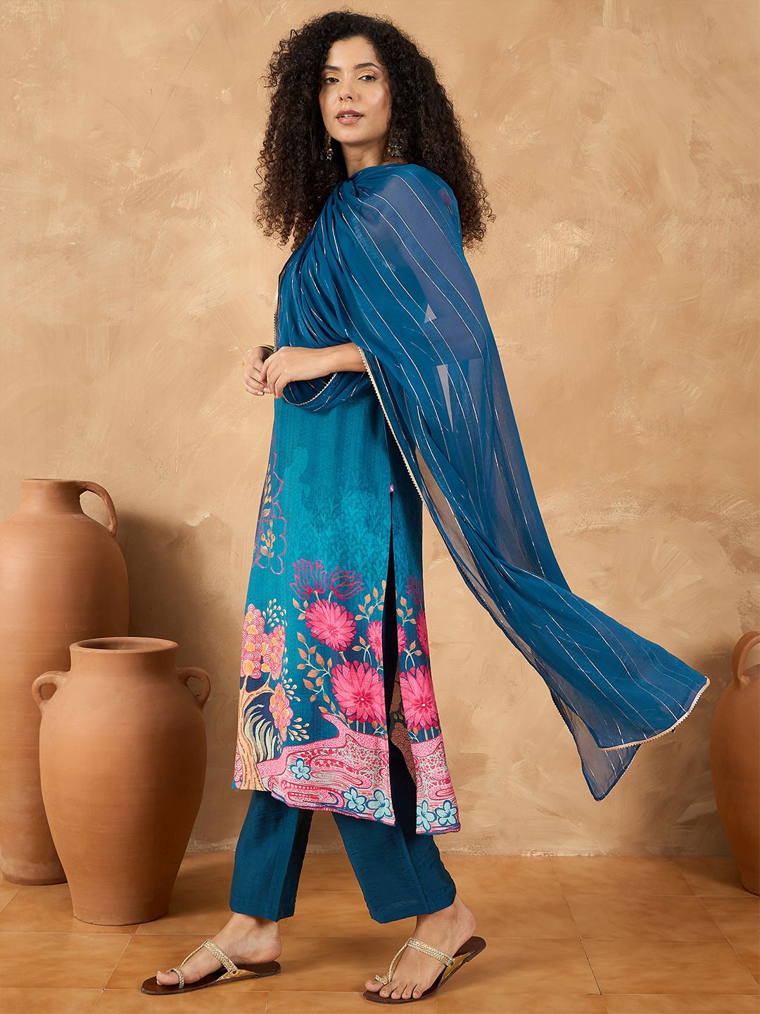 Dhiyona VA Women's Spaghetti Tie up Strap Straight Floral Kurta with Trousers and Dupatta