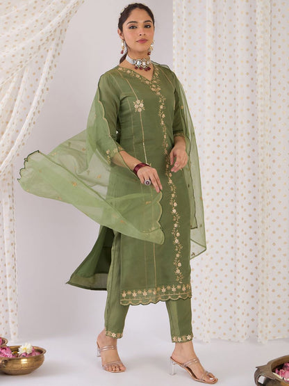 Dhiyona IE Floral Embroidered Zari Straight Kurta with Trousers & With Dupatta