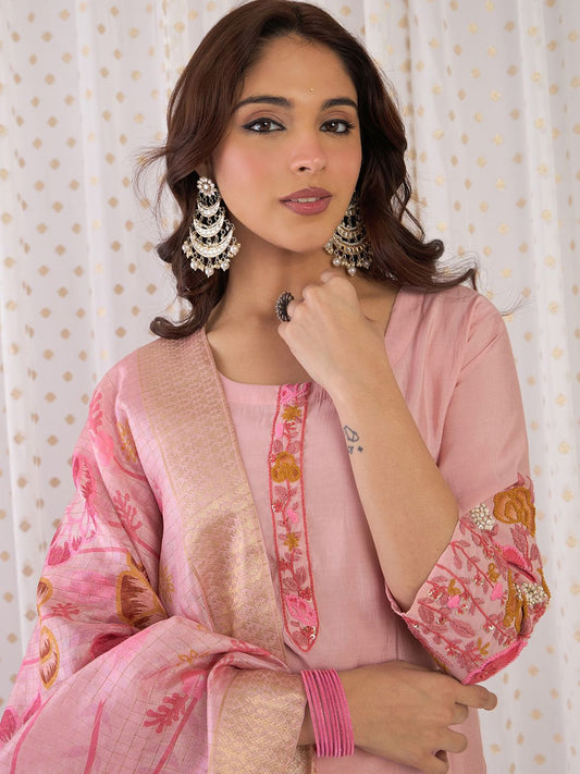 Dhiyona IE Floral Yoke Design Embroidered Thread Work Straight Kurta With Trousers & Dupatta
