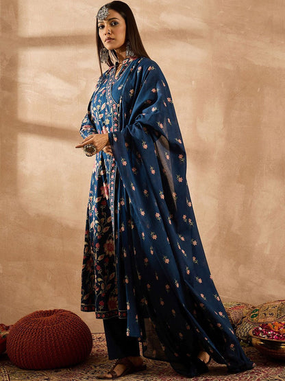 Dhiyona IE Women Floral Printed Angrakha Beads and Stones Pure Cotton Kurta with Trousers & With Dupatta