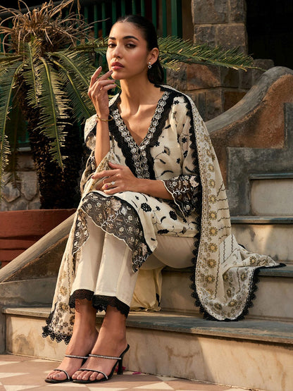V Neck Floral Embroidered Thread Work Pure Cotton Kurta with Trouser & Dupatta