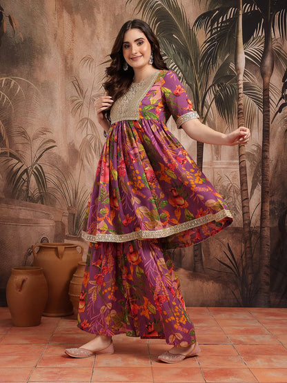 Dhiyona SN Women's Floral Print Gotta Patti Kurta with Sharara & Dupatta