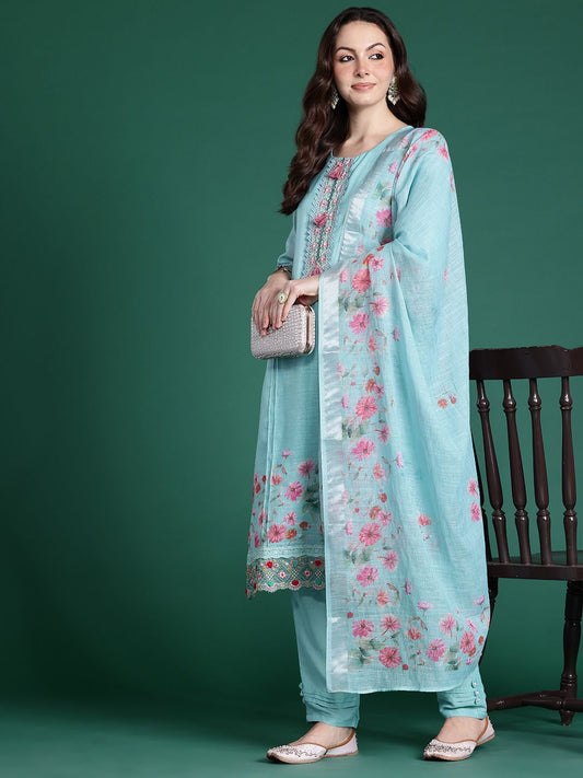 Dhiyona IE Floral Embroidered Linen Kurta with Trousers & Dupatta