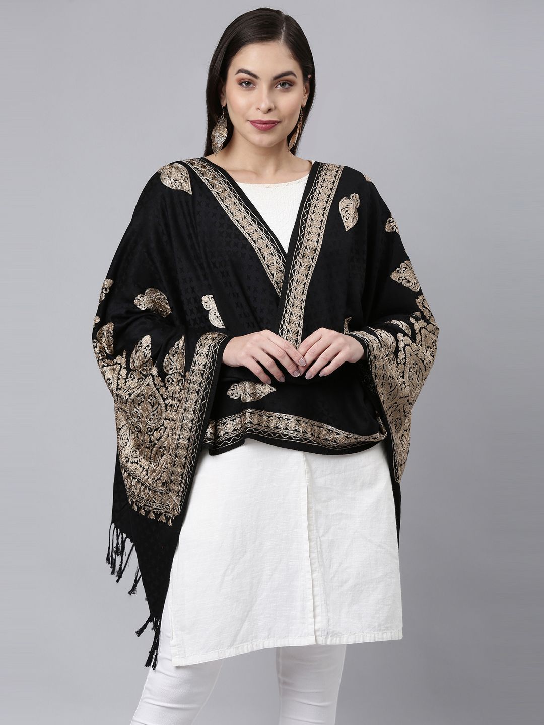 Dhiyona PA Women Black & Gold Embroidered Viscose Rayon Shawl