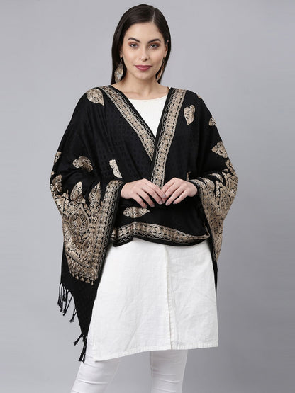 Dhiyona PA Women Black & Gold Embroidered Viscose Rayon Shawl