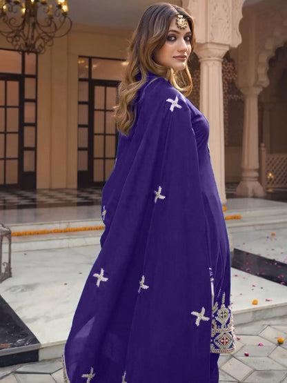 Floral Embroidered Sweetheart Neck Sequinned A-Line Kurta Dhoti Pants & Dupatta